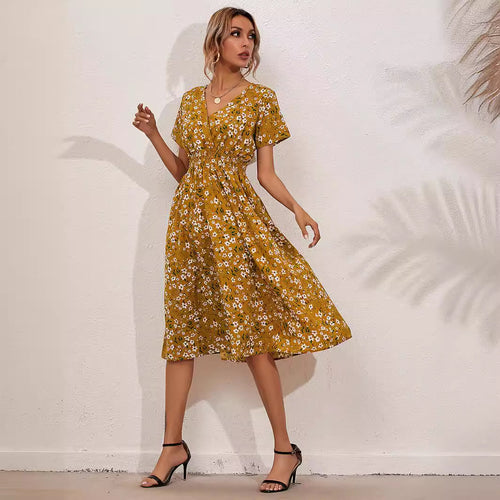 Nawaru® Boho Bliss Floral Dress – Summer V-Neck A-Line Flow Short Sleeve - Style D