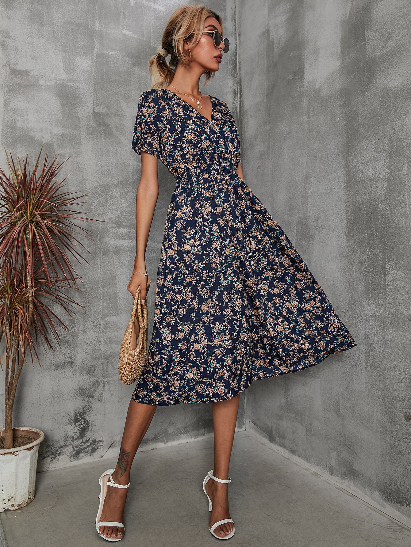 Nawaru® Boho Bliss Floral Dress – Summer V-Neck A-Line Flow Short Sleeve - Style J