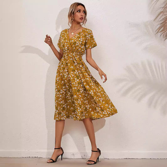 Nawaru® Boho Bliss Floral Dress – Summer V-Neck A-Line Flow Short Sleeve - Style D