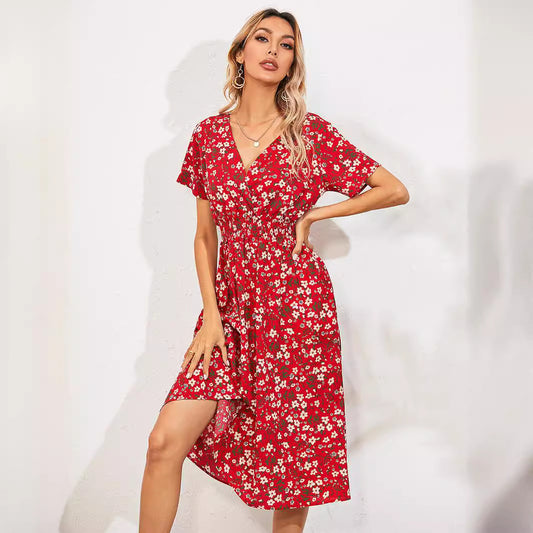 Nawaru® Boho Bliss Floral Dress – Summer V-Neck A-Line Flow Short Sleeve - Style B